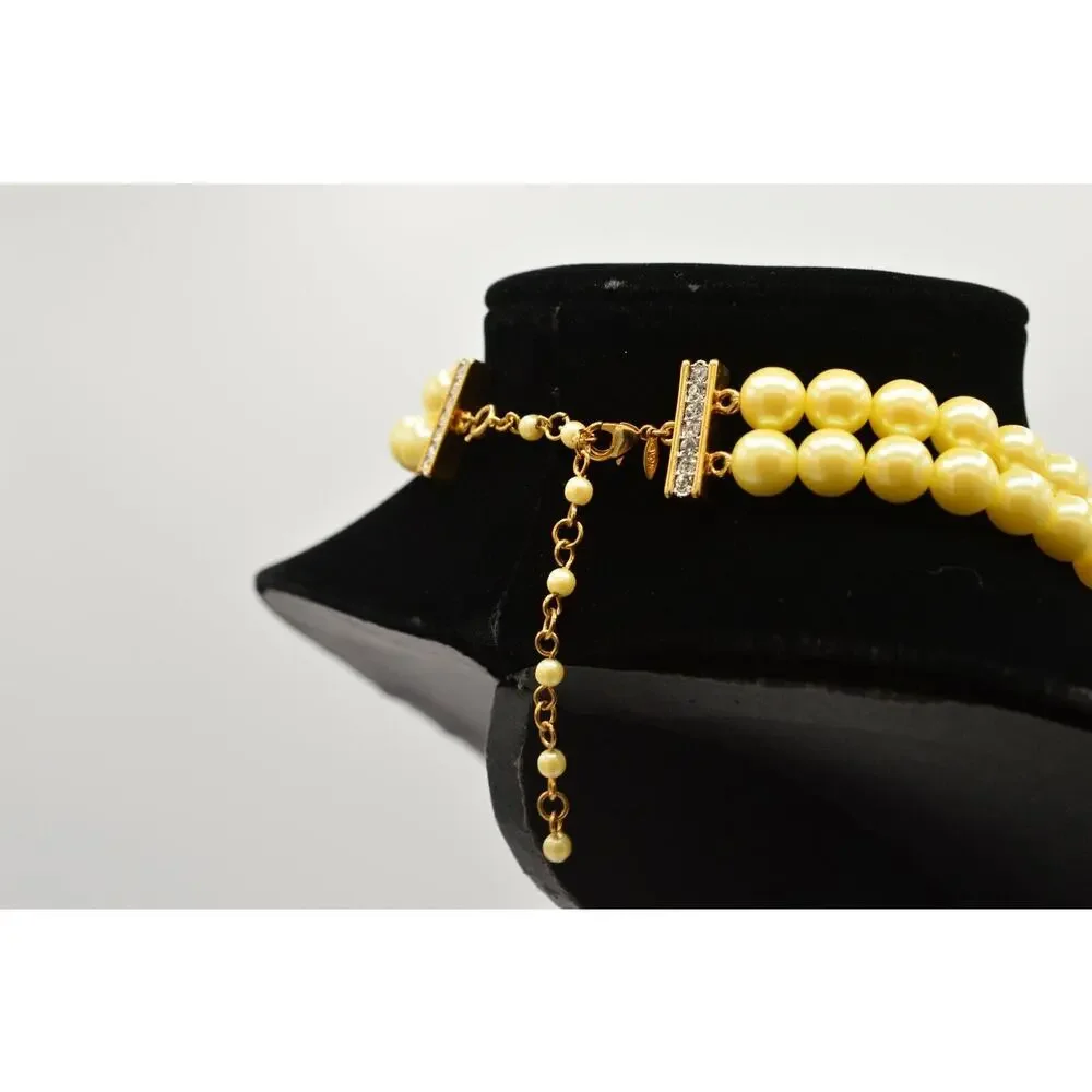 Avon Vintage Statement Collar Necklace Double Pearl Rhinestone Gold PL Signed 9J